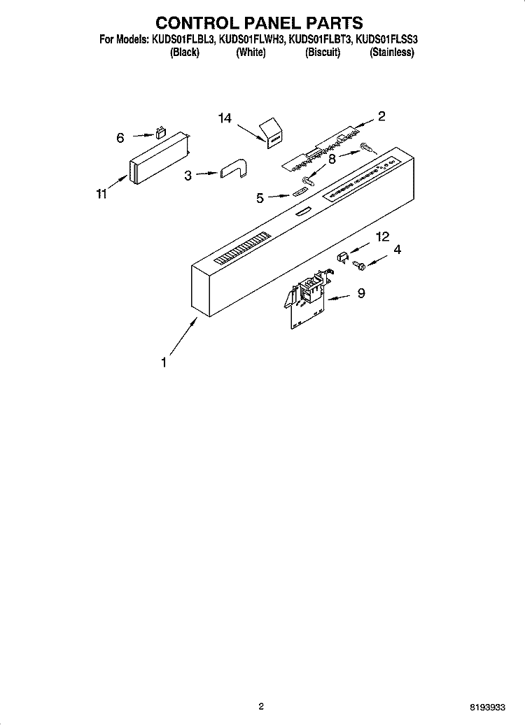 CONTROL PANEL PARTS Diagram and Parts List for KUDS01FLSS3  KitchenAid Dishwasher