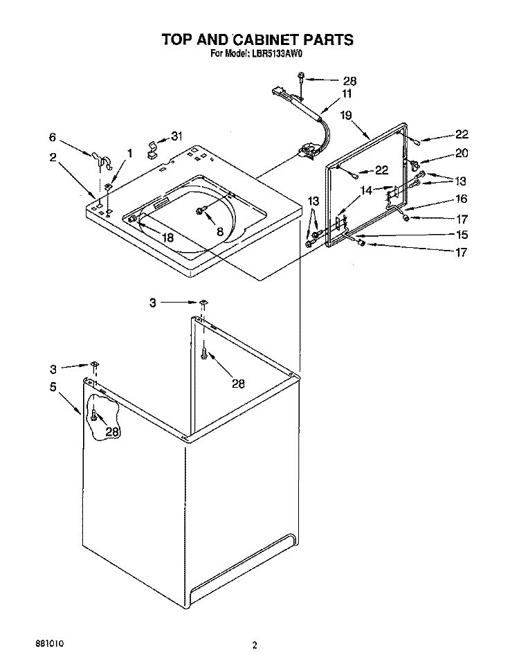 TOP AND CABINET, LIT/OPTIONAL Diagram and Parts List for LBR5133AG0  Whirlpool Washer