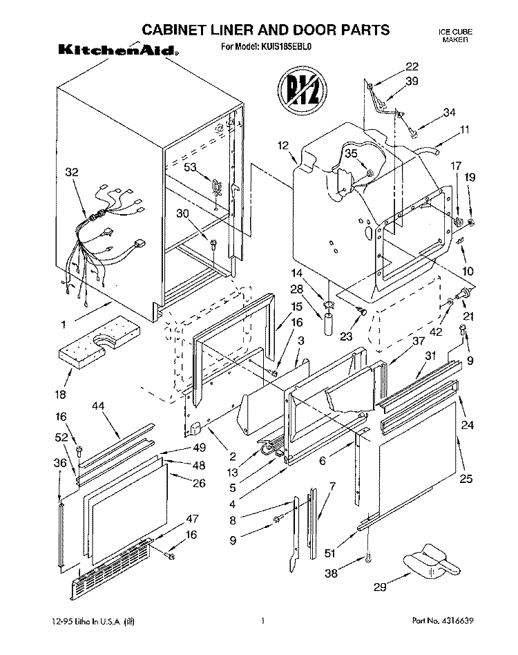 CABINET LINER AND DOOR, LIT/OPTIONAL Diagram and Parts List for KUIS185EBL0  KitchenAid Ice Maker
