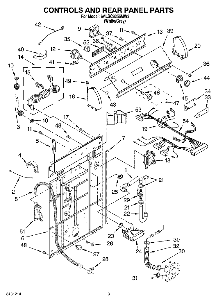 CONTROLS AND REAR PANEL PARTS Diagram and Parts List for 6ALSC8255MW3  Whirlpool Washer
