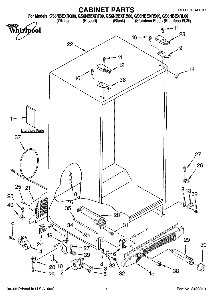 CABINET PARTS Diagram and Parts List for GS6NBEXRT00  Whirlpool Refrigerator