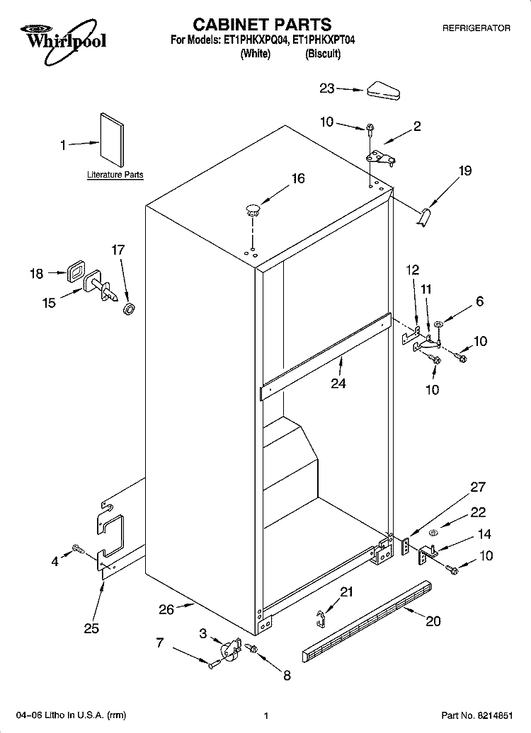 CABINET PARTS Diagram and Parts List for ET1PHKXPQ04  Whirlpool Refrigerator