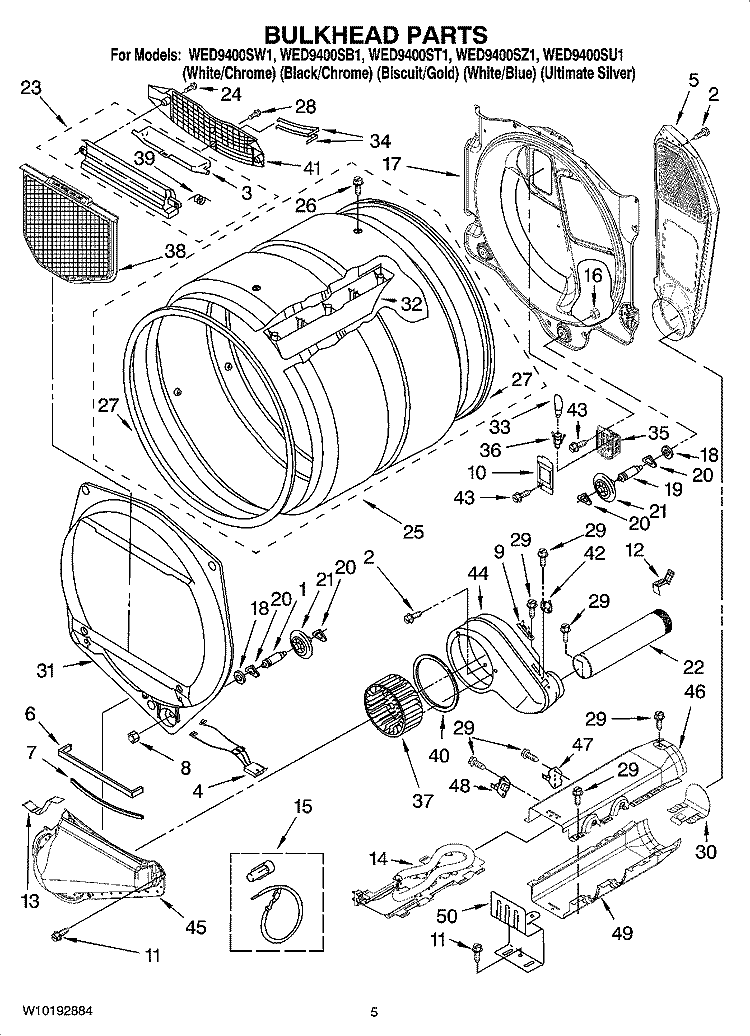 BULKHEAD PARTS Diagram and Parts List for WED9400SW1  Whirlpool Dryer