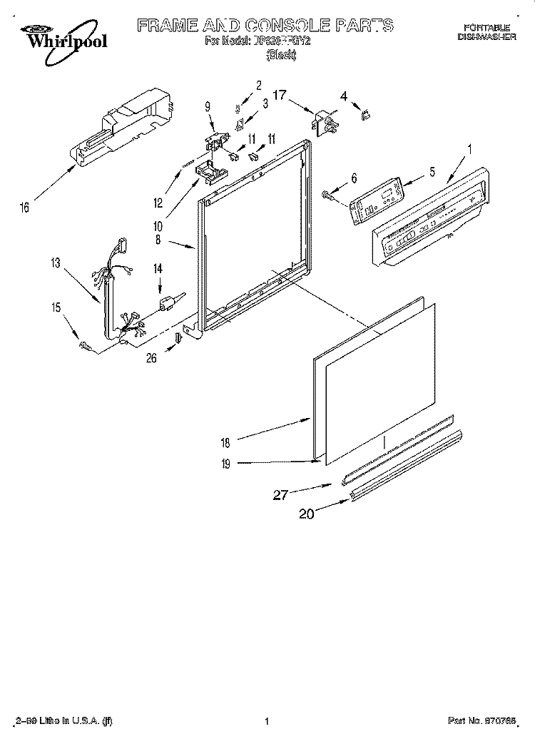 FRAME AND CONSOLE Diagram and Parts List for DP920PFGY2  Whirlpool Dishwasher