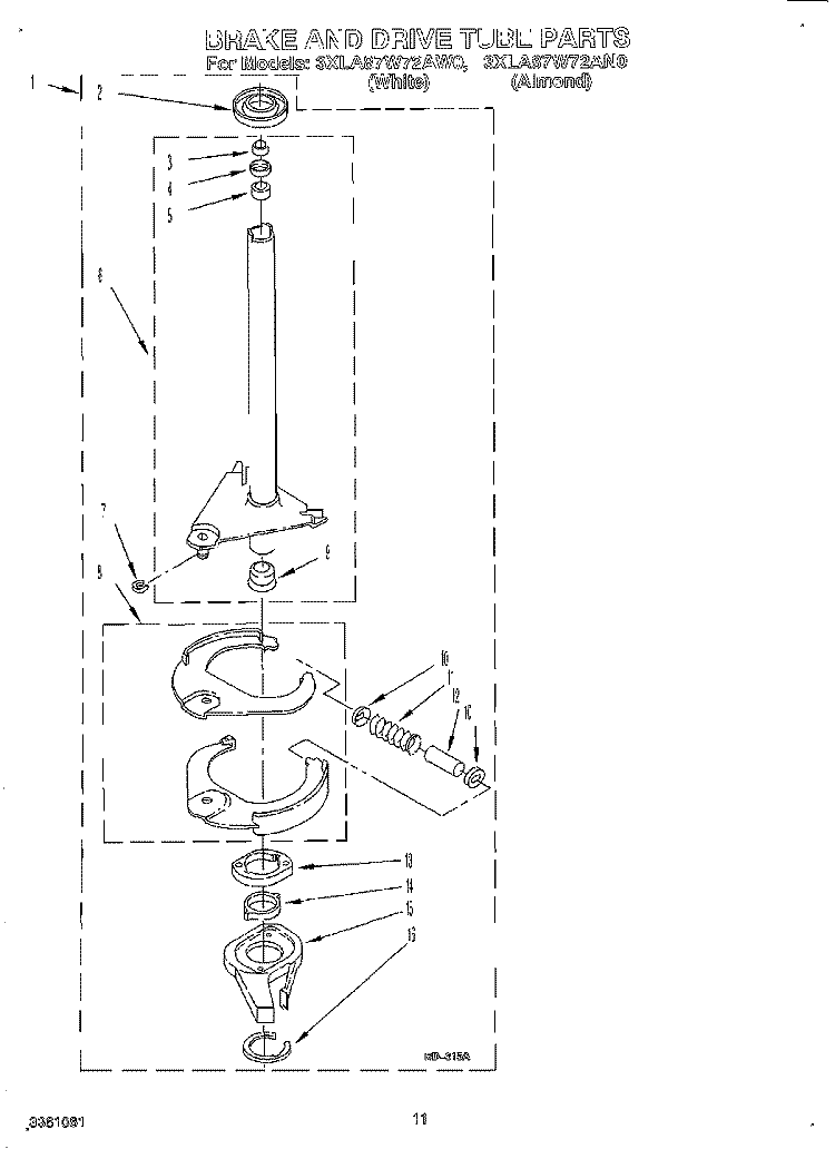 BRAKE AND DRIVE TUBE Diagram and Parts List for 3XLA87W72AW0  Whirlpool Washer