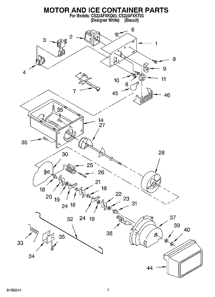 MOTOR AND ICE CONTAINER Diagram and Parts List for CS22AFXKQ03  Crosley Refrigerator