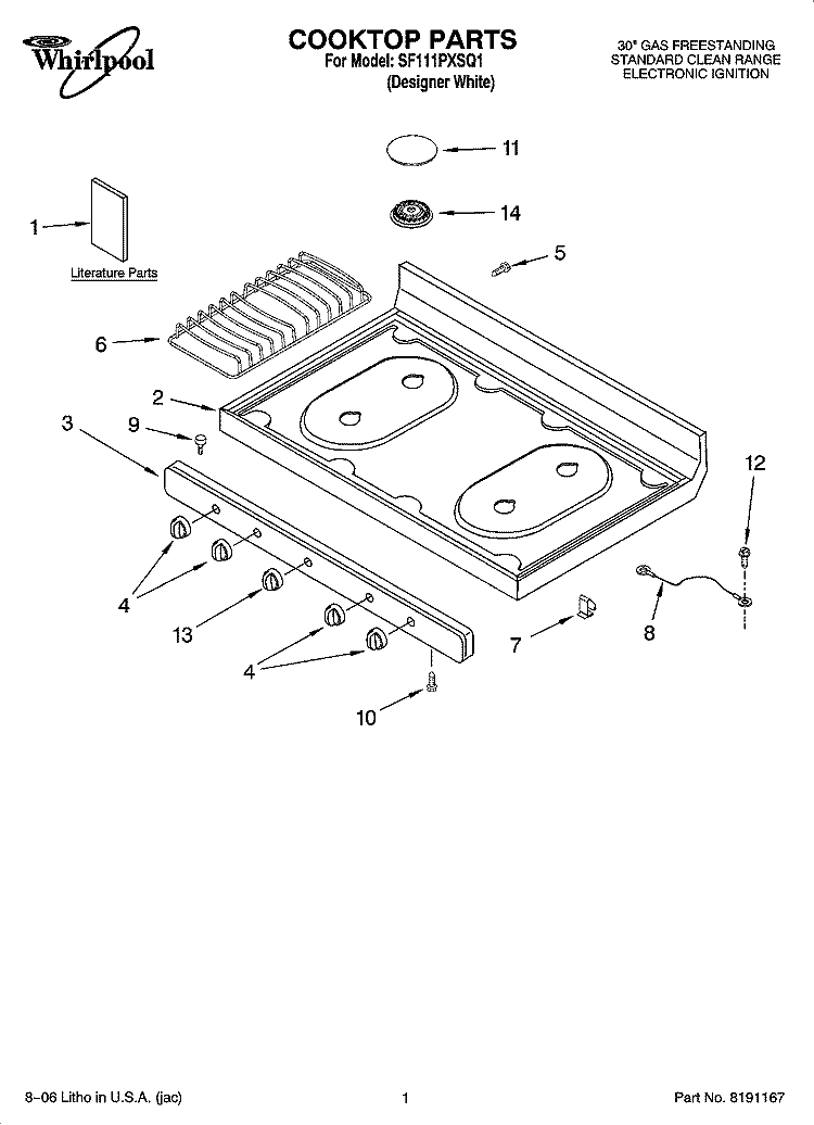 COOKTOP PARTS Diagram and Parts List for SF111PXSQ1  Whirlpool Range