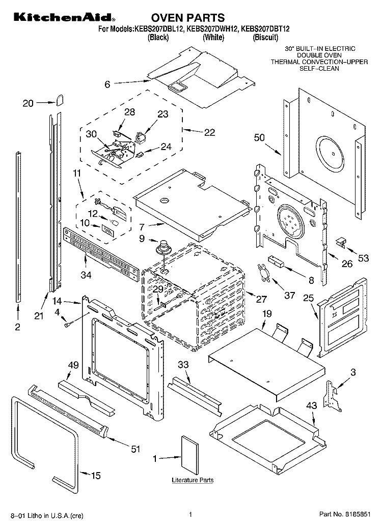 OVEN, LITERATURE Diagram and Parts List for KEBS207DWH12  KitchenAid Wall Oven