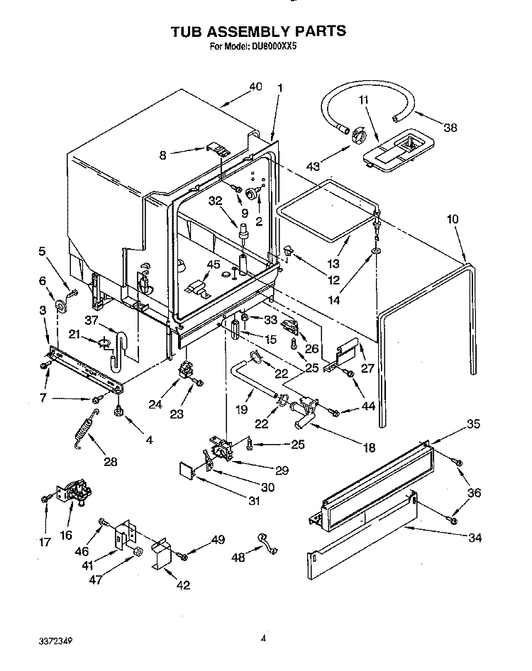 TUB, LIT/OPTIONAL Diagram and Parts List for DU8000XX5  Whirlpool Dishwasher