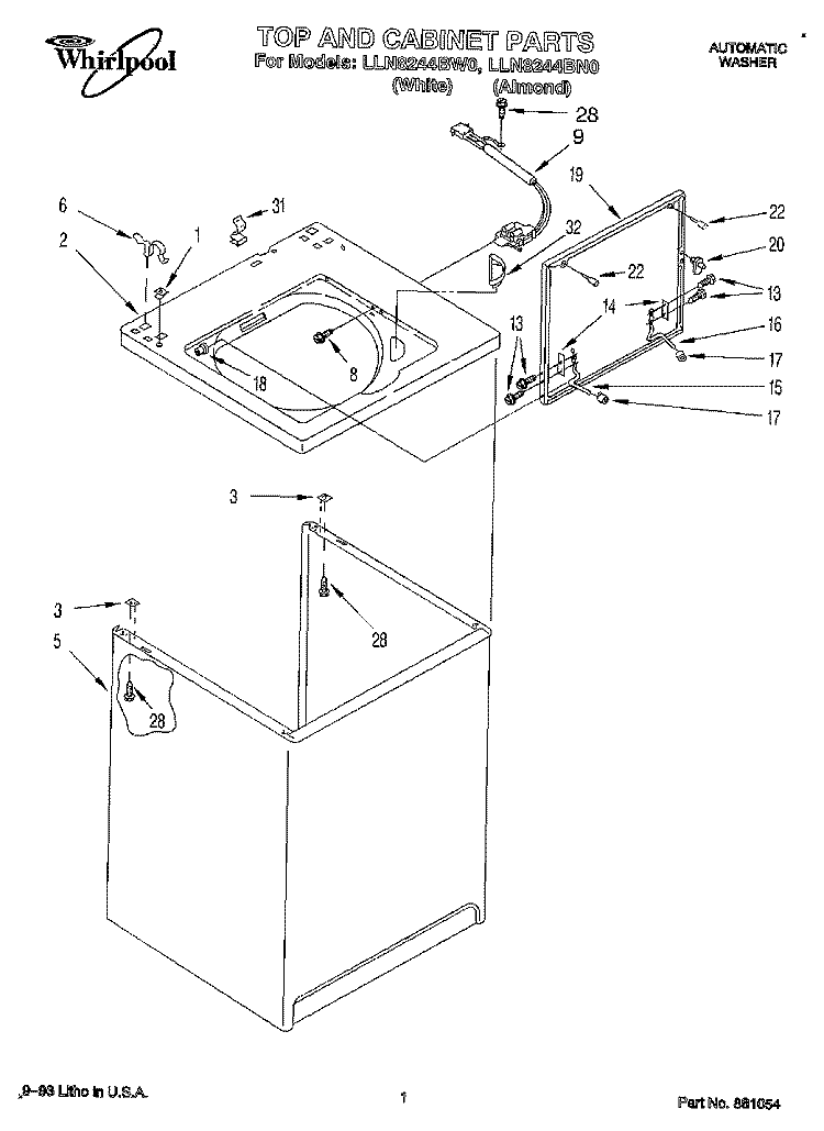 TOP AND CABINET, LIT/OPTIONAL Diagram and Parts List for LLN8244BN0  Whirlpool Washer