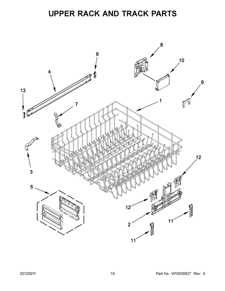 UPPER RACK AND TRACK PARTS Diagram and Parts List for KUDC10FBBL0  KitchenAid Dishwasher