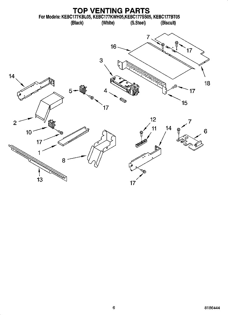 TOP VENTING PARTS, OPTIONAL PARTS Diagram and Parts List for KEBC177BT05  KitchenAid Wall Oven
