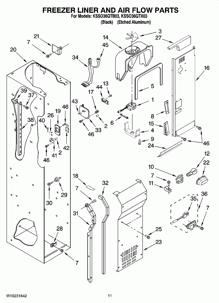 FREEZER LINER AND AIR FLOW PARTS Diagram and Parts List for KSSO36QTX03  KitchenAid Refrigerator