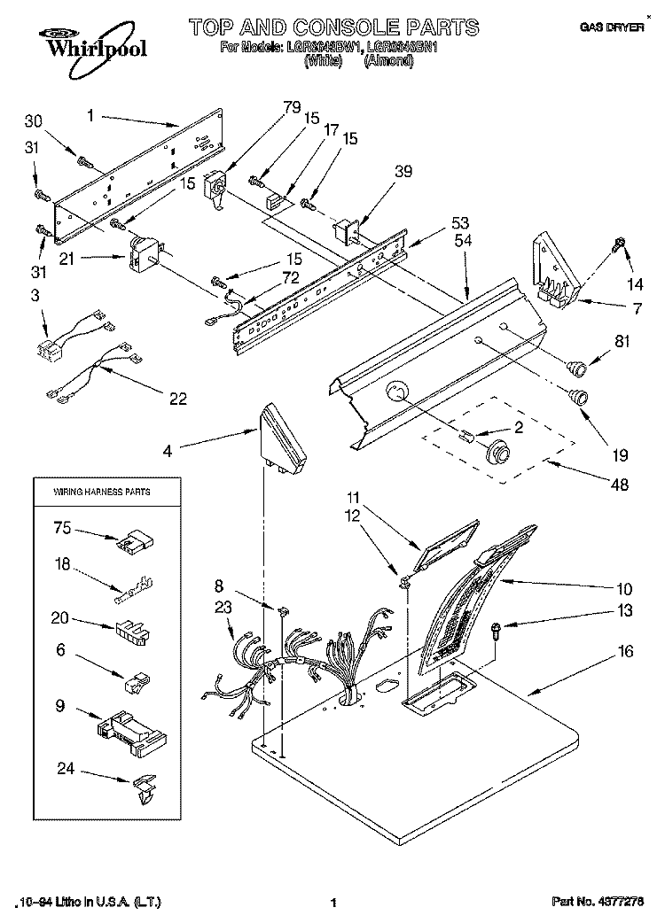 TOP AND CONSOLE, LIT/OPTIONAL Diagram and Parts List for LGR6646BW1  Whirlpool Dryer