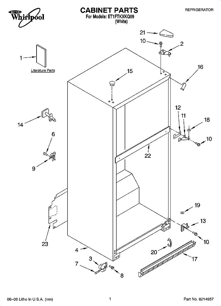 CABINET PARTS Diagram and Parts List for ET1FTKXKQ09  Whirlpool Refrigerator