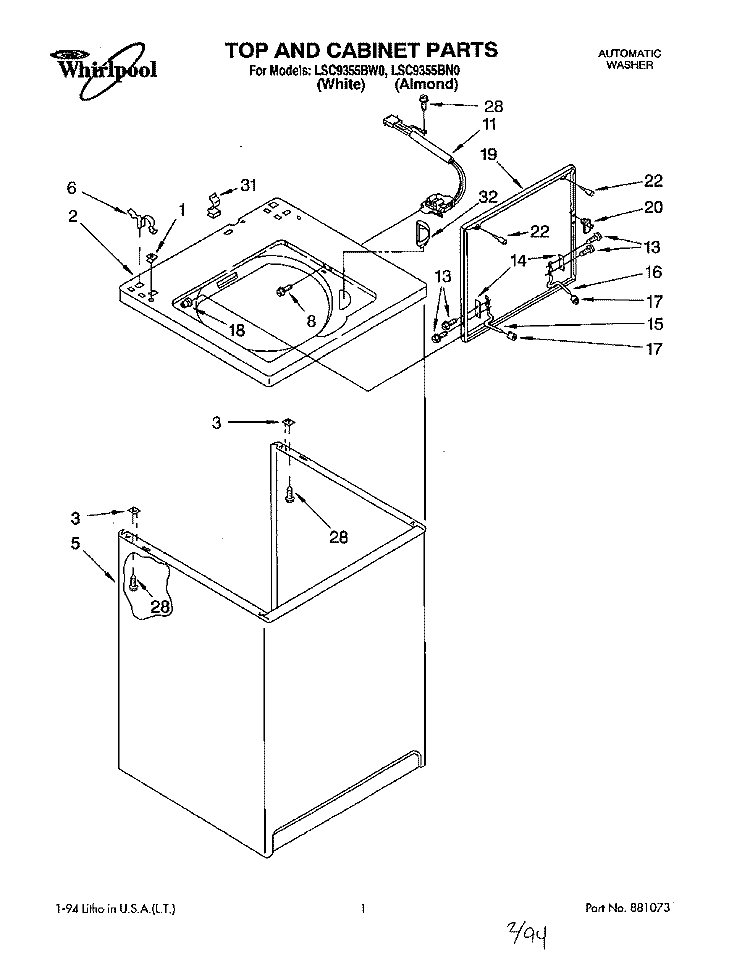 TOP AND CABINET, LIT/OPTIONAL Diagram and Parts List for LSC9355BW0  Whirlpool Washer