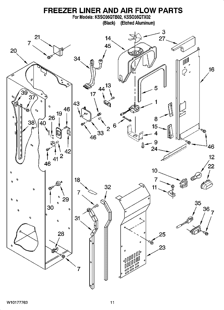 FREEZER LINER AND AIR FLOW PARTS Diagram and Parts List for KSSO36QTX02  KitchenAid Refrigerator