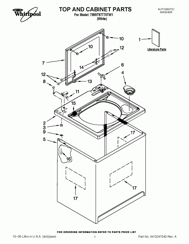 TOP AND CABINET PARTS Diagram and Parts List for 7MWT97770TW1  Whirlpool Washer
