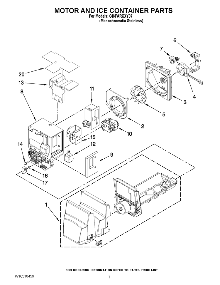 MOTOR AND ICE CONTAINER PARTS Diagram and Parts List for GI6FARXXY07  Whirlpool Refrigerator