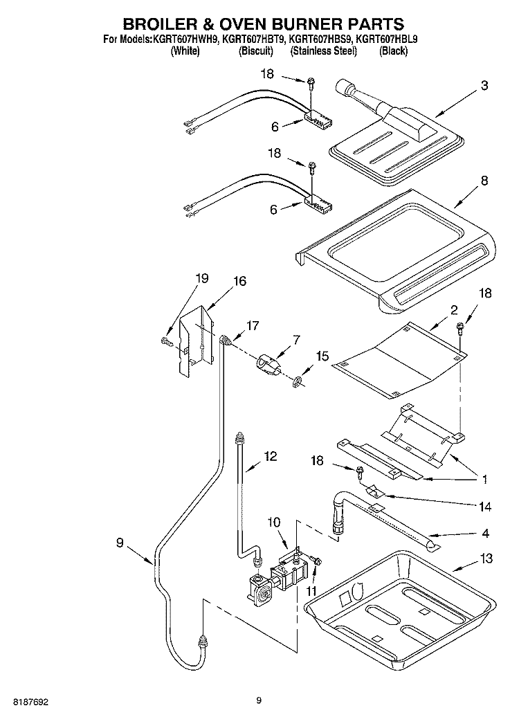BROILER AND OVEN BURNER Diagram and Parts List for KGRT607HBS9  KitchenAid Range