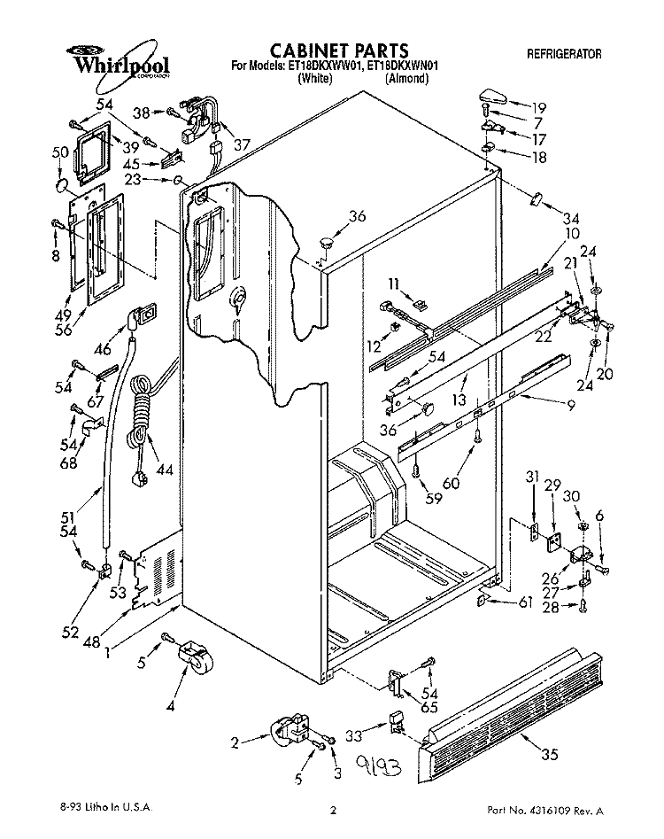 CABINET Diagram and Parts List for ET18DKXWN01  Whirlpool Refrigerator