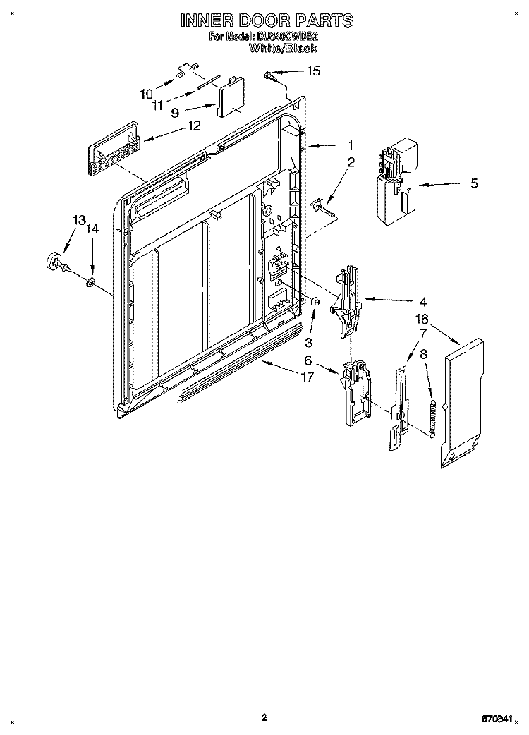 INNER DOOR Diagram and Parts List for DU840CWDB2  Whirlpool Dishwasher