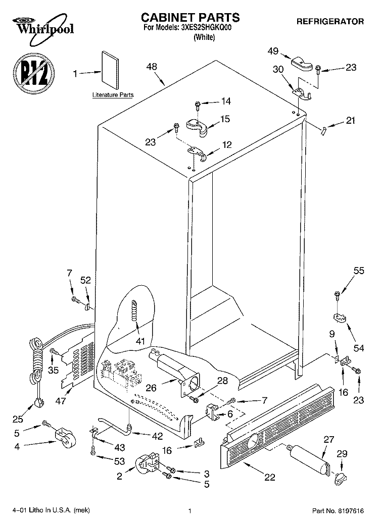 CABINET, LITERATURE Diagram and Parts List for 3XES2SHGKQ00  Whirlpool Refrigerator