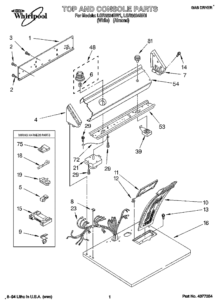 TOP AND CONSOLE, LIT/OPTIONAL Diagram and Parts List for LGR5624BN1  Whirlpool Dryer