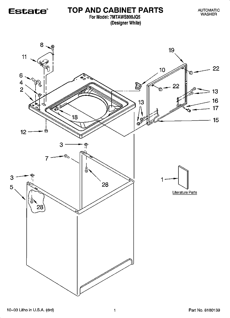 TOP AND CABINET PARTS Diagram and Parts List for 7MTAWS800JQ5  Estate Washer