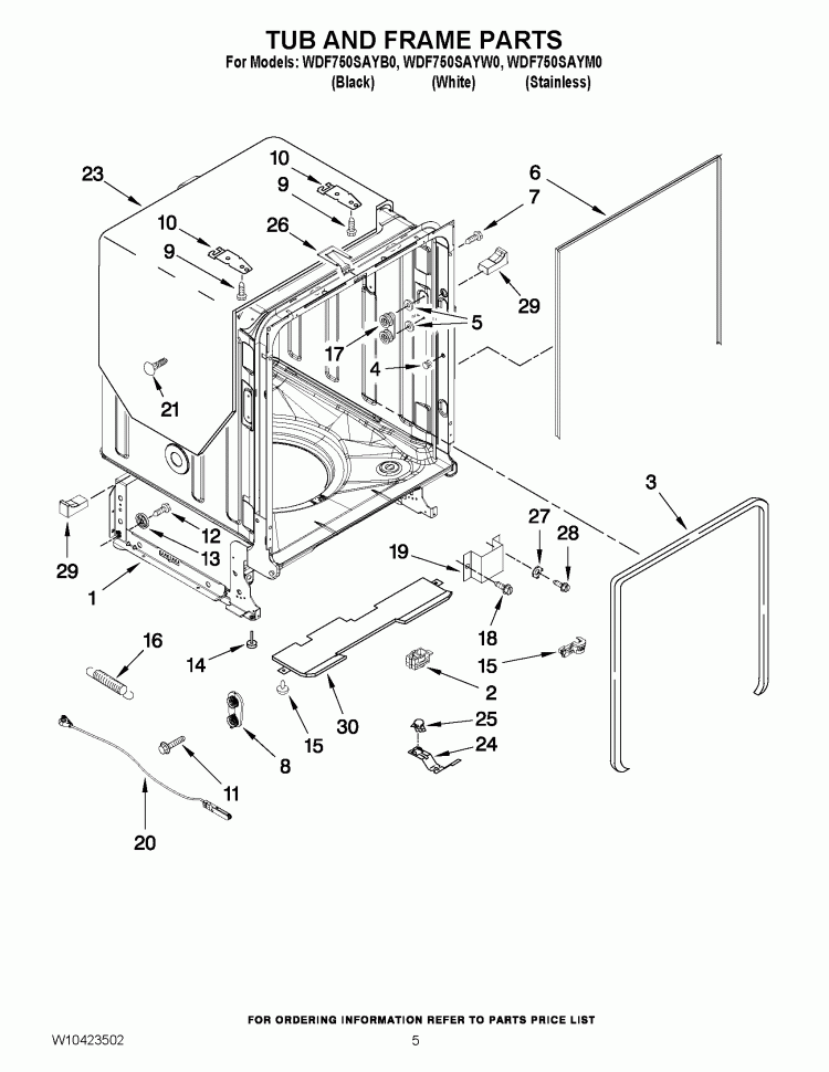 TUB AND FRAME PARTS Diagram and Parts List for WDF750SAYW0  Whirlpool Dishwasher