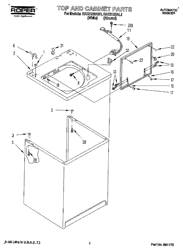 TOP AND CABINET, LIT/OPTIONAL Diagram and Parts List for RAX5133AW1  Roper Washer
