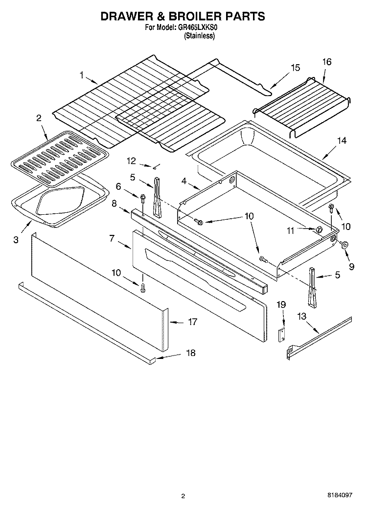 DRAWER AND BROILER Diagram and Parts List for GR465LXKS0  Whirlpool Range