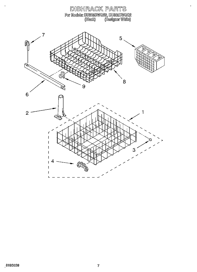 DISHRACK Diagram and Parts List for DU805DWGQ2  Whirlpool Dishwasher