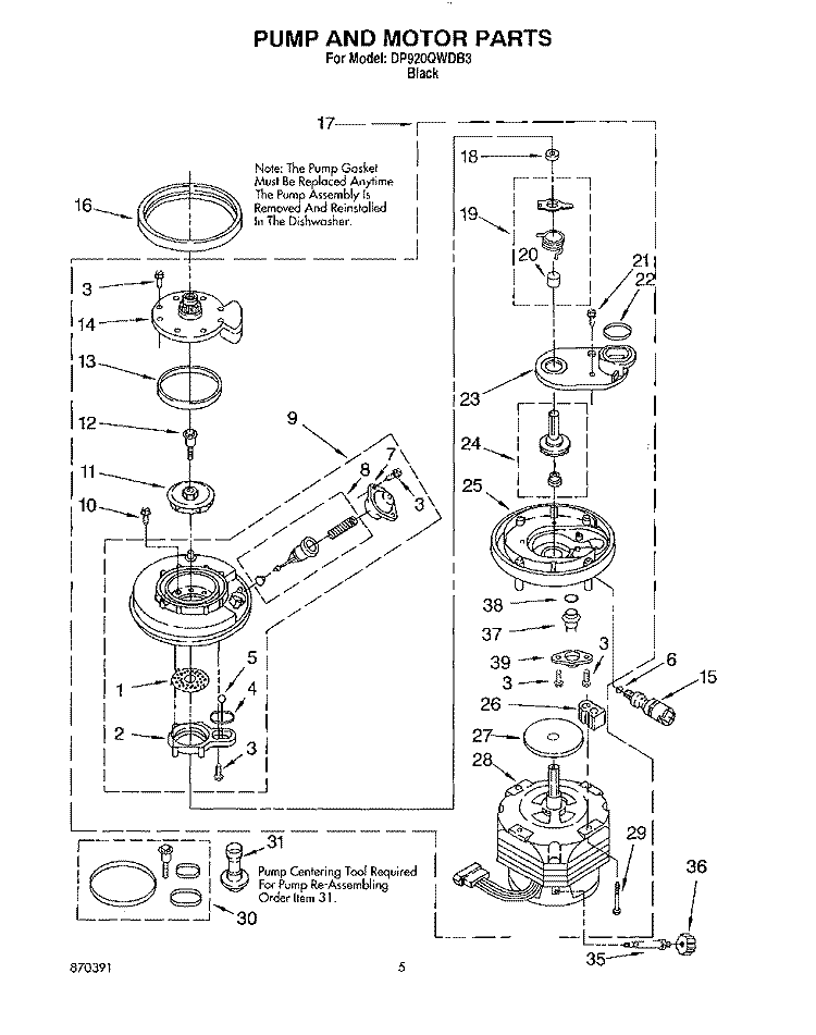 PUMP AND MOTOR Diagram and Parts List for DP920QWDB3  Whirlpool Dishwasher