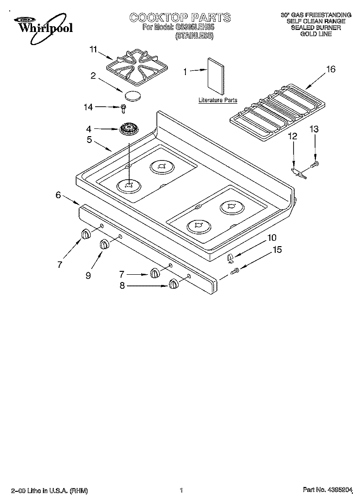 COOKTOP, LITERATURE Diagram and Parts List for GS395LEHS5  Whirlpool Range