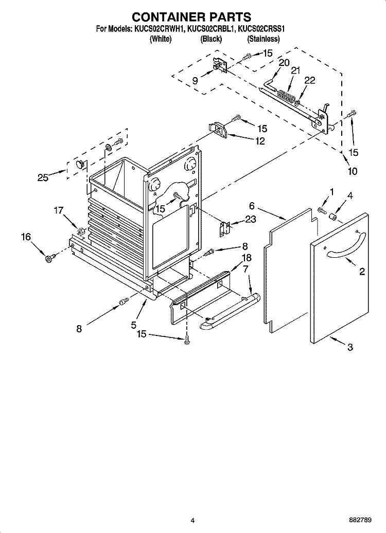CONTAINER PARTS Diagram and Parts List for KUCS02CRWH1  KitchenAid Trash Compactor