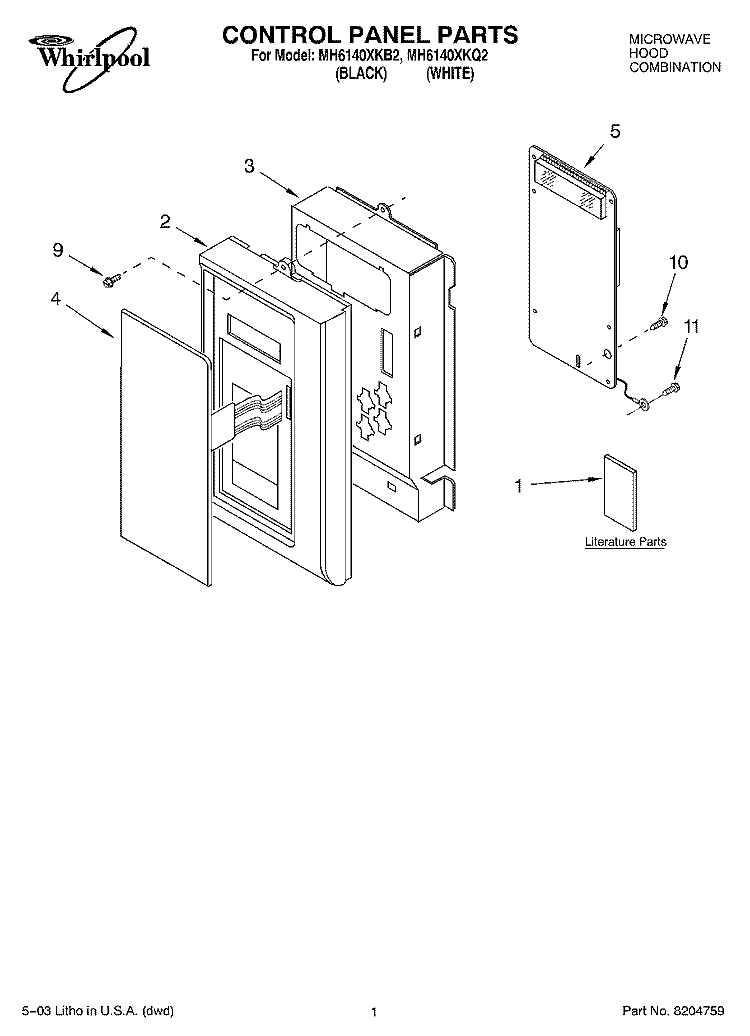 CONTROL PANEL PARTS Diagram and Parts List for MH6140XKQ2  Whirlpool Microwave