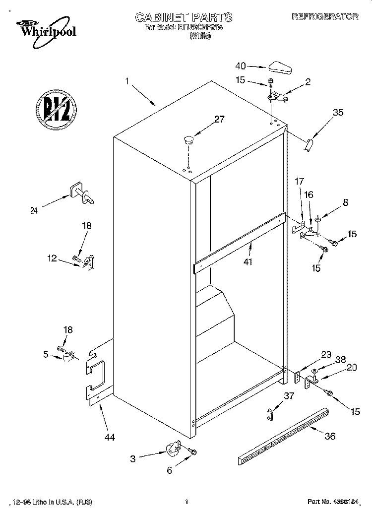 CABINET Diagram and Parts List for ET18SCRFW04  Whirlpool Refrigerator