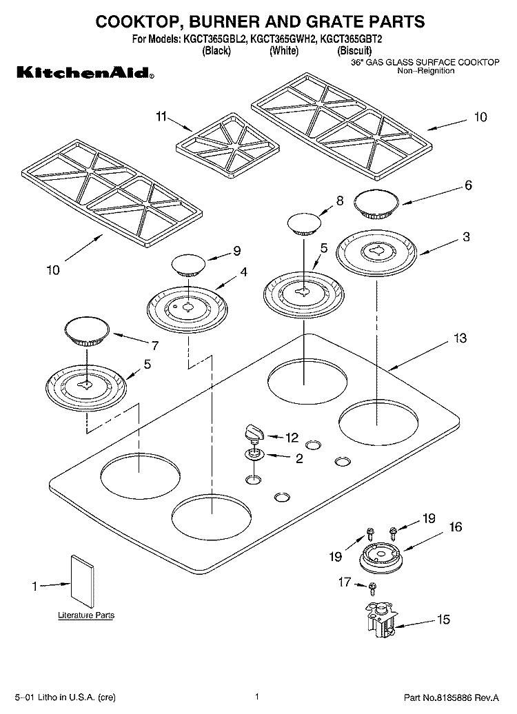 SECTION Diagram and Parts List for KGCT365GBT2  KitchenAid Cooktop