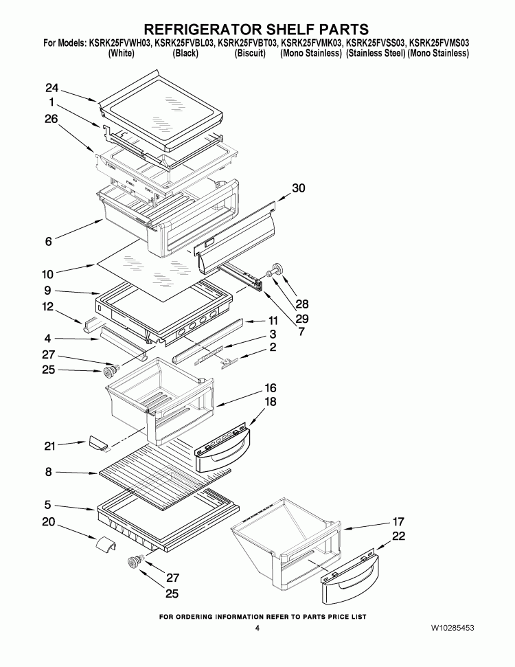 REFRIGERATOR SHELF PARTS Diagram and Parts List for KSRK25FVBL03  KitchenAid Refrigerator