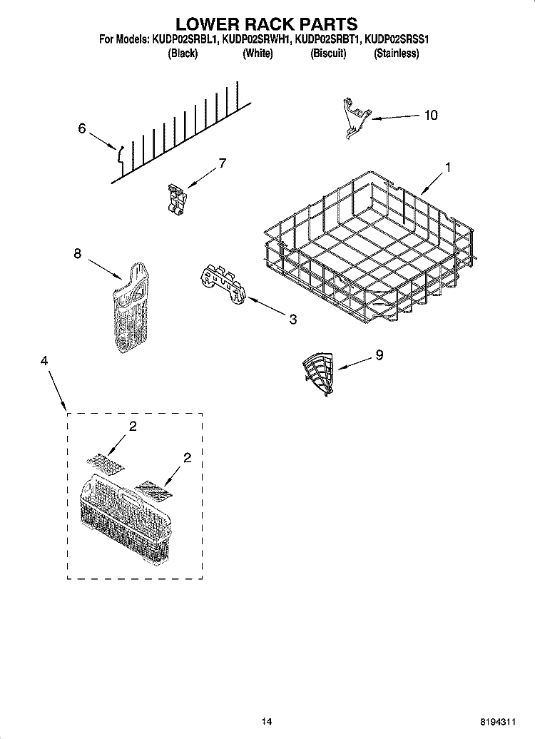 LOWER RACK PARTS, OPTIONAL PARTS (NOT INCLUDED) Diagram and Parts List for KUDP02SRSS1  KitchenAid Dishwasher