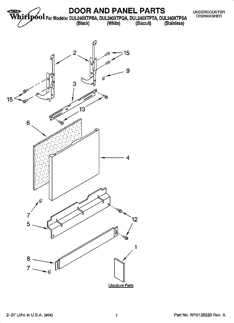 DOOR AND PANEL PARTS Diagram and Parts List for DUL240XTPTA  Whirlpool Dishwasher
