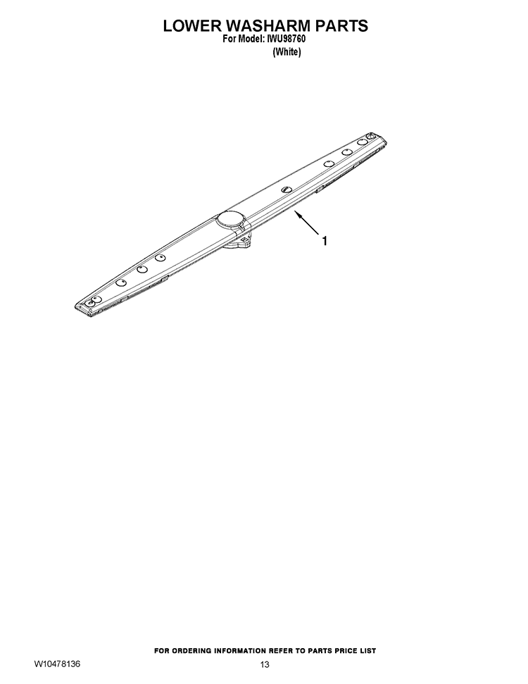 LOWER WASHARM PARTS Diagram and Parts List for IWU98760  Inglis Dishwasher
