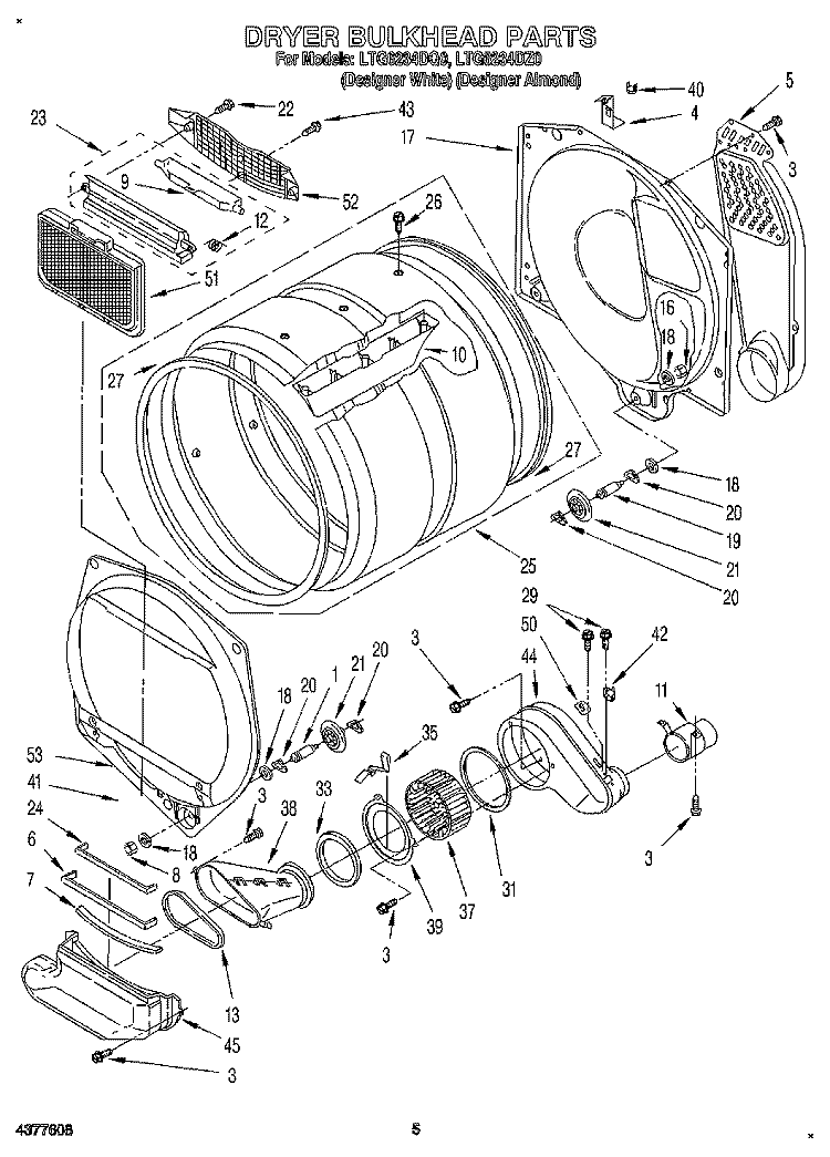 DRYER BULKHEAD Diagram and Parts List for LTG6234DQ0  Whirlpool Washer Dryer Combo