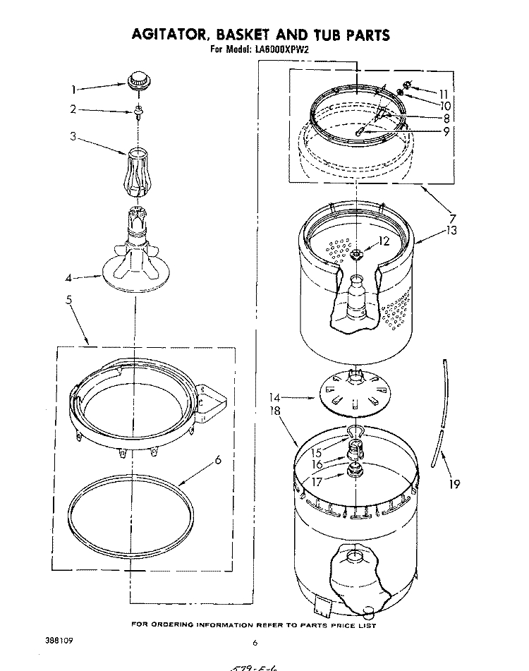 AGITATOR, BASKET AND TUB Diagram and Parts List for LA6000XPW2  Whirlpool Washer