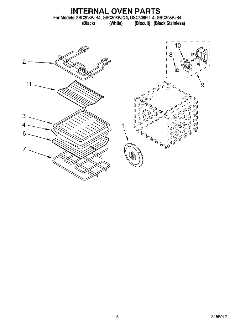 INTERNAL OVEN Diagram and Parts List for GSC308PJB4  Whirlpool Microwave Oven Combo