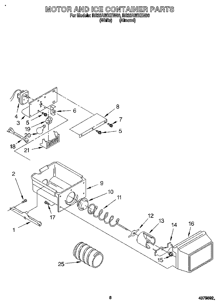 MOTOR AND ICE CONTAINER Diagram and Parts List for RS25AWXEW00  Roper Refrigerator