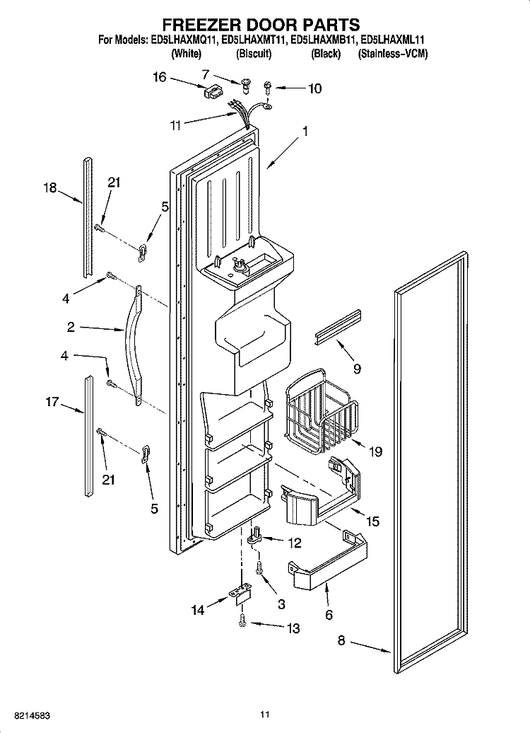 FREEZER DOOR PARTS Diagram and Parts List for ED5LHAXML11  Whirlpool Refrigerator