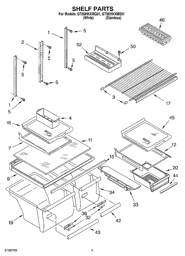 SHELF PARTS Diagram and Parts List for GT9SHKXMS01  Whirlpool Refrigerator