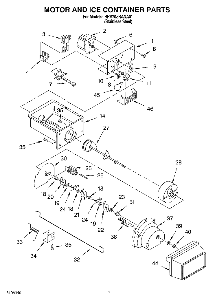 MOTOR AND ICE CONTAINER PARTS Diagram and Parts List for BRS70ZRANA01  Whirlpool Refrigerator